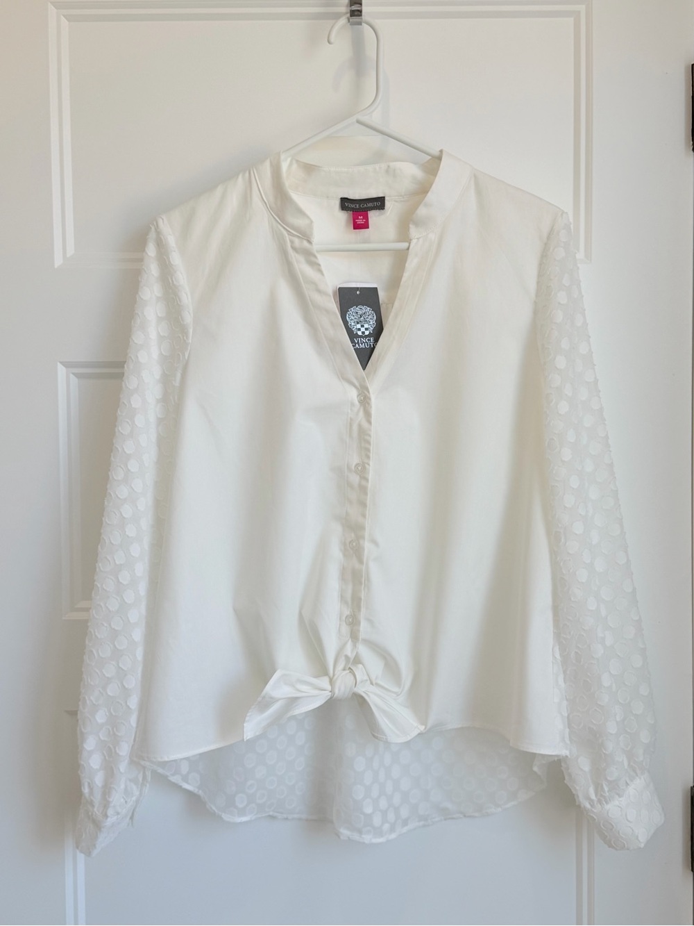Vince Camuto White Button-Front Blouse with Swiss Dot Sleeves
